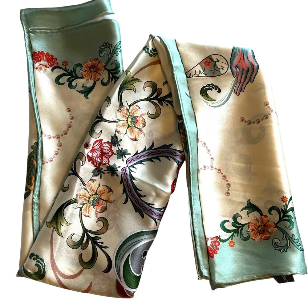 Baoshidi 100% Silk Scarf Womens Asian Print Blue Cream Statement Floral Long